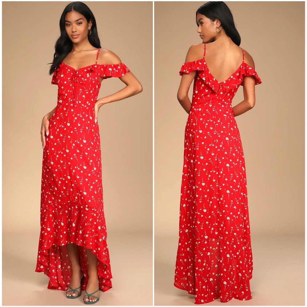 Lulus Darling for the Day Red Floral Off-the-Shoulder Maxi Dress Size Medium